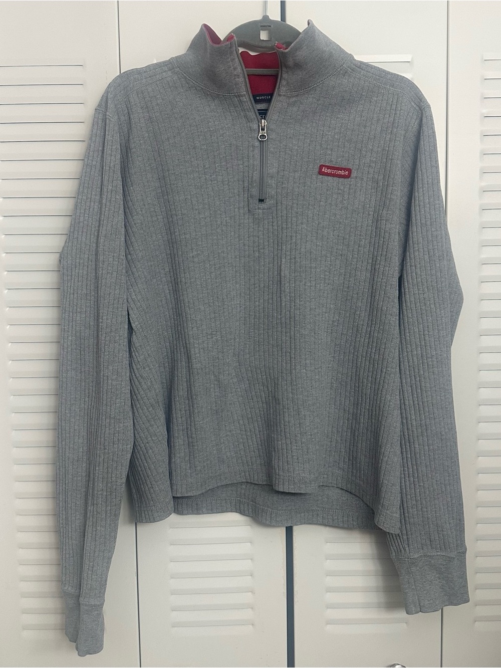 Abercrombie & Fitch Men's Muscle Grey Quarter-Zip Ribbed Sweater
